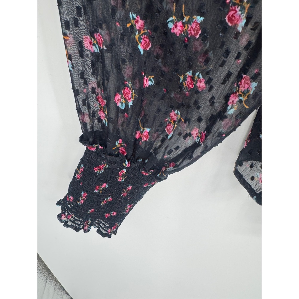 Free People Floral Swiss Dot Blouse Womens L Black Sheer Boho Cottage Romantic - Picture 5 of 11
